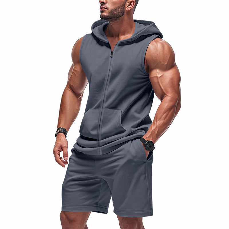 Men's sporty hoodie set with sleeveless sweatshirt, full zip, and training shorts Mune Fashion