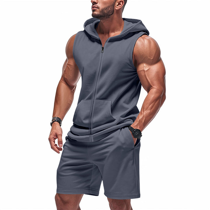 Men's sporty hoodie set with sleeveless sweatshirt, full zip, and training shorts Mune Fashion