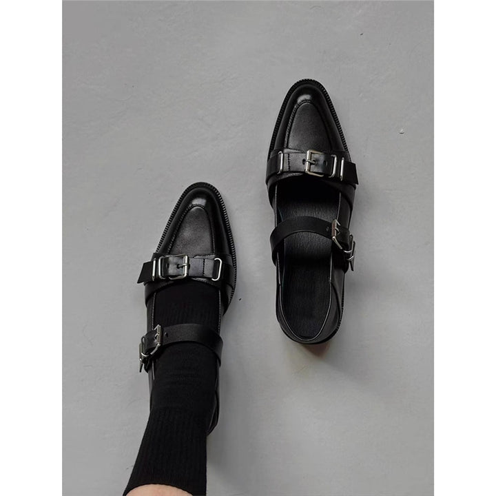 Ladies leather mules with buckle strap, pointed toe shape and studded embellishment Mune Fashion