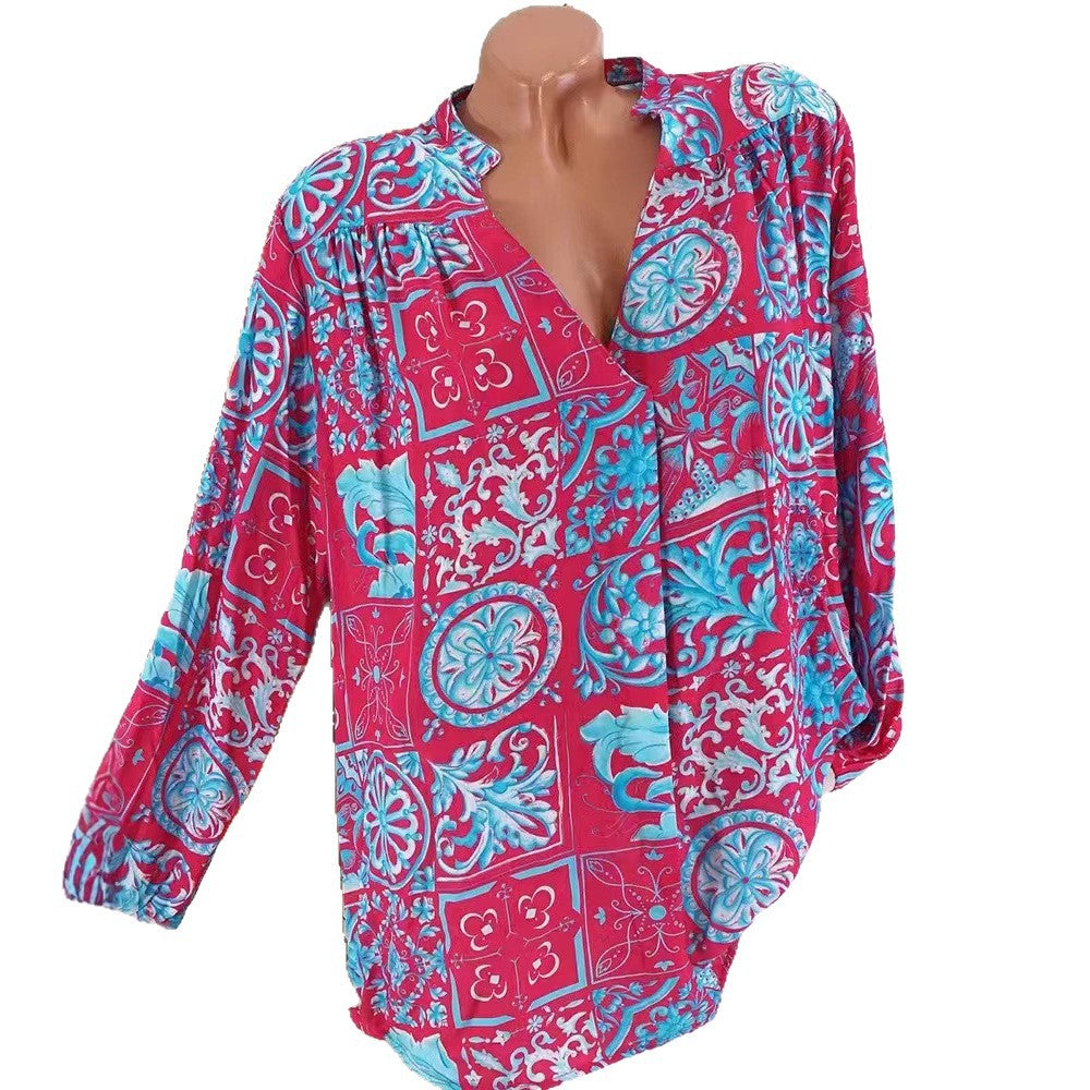 Ladies Viscose Tunic Blouse with V-Neck, Stand Collar and Gathered Shoulders Mune Fashion