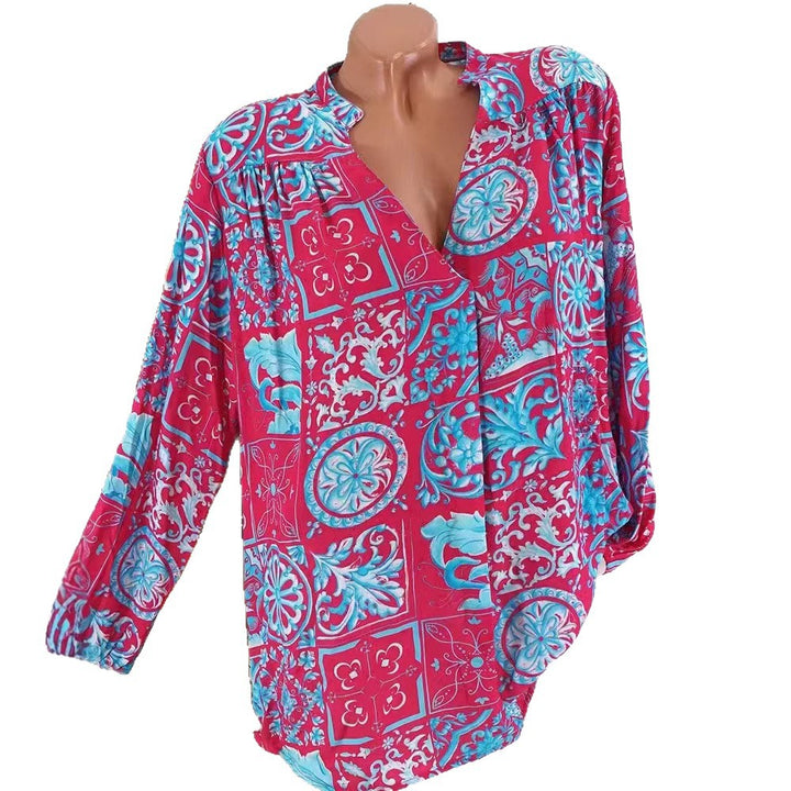 Ladies Viscose Tunic Blouse with V-Neck, Stand Collar and Gathered Shoulders Mune Fashion