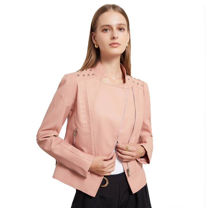 Women's nan biker jacket made of faux leather with studded details and asymmetric zipper Mune Fashion