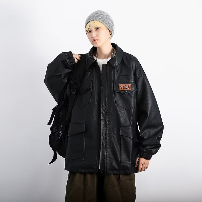 Unisex Oversized Utility Faux Leather Jacket with Multiple Flap Pockets Mune Fashion
