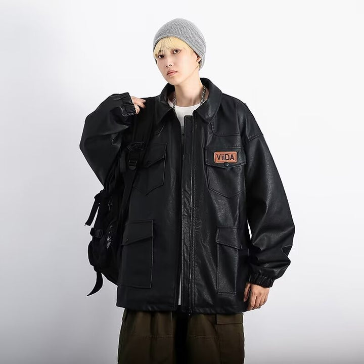 Unisex Oversized Utility Faux Leather Jacket with Multiple Flap Pockets Mune Fashion