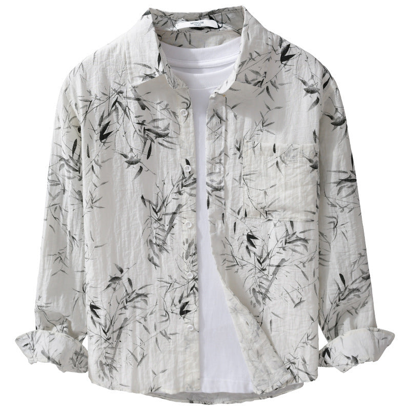 Men's Breathable Linen-Cotton Shirt with Botanical Brush Print and Kent Collar Mune Fashion