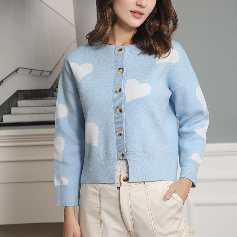 Women Buttoned Oversized Knitted Cardigan with Heart Jacquard and Pearl Buttons Mune Fashion