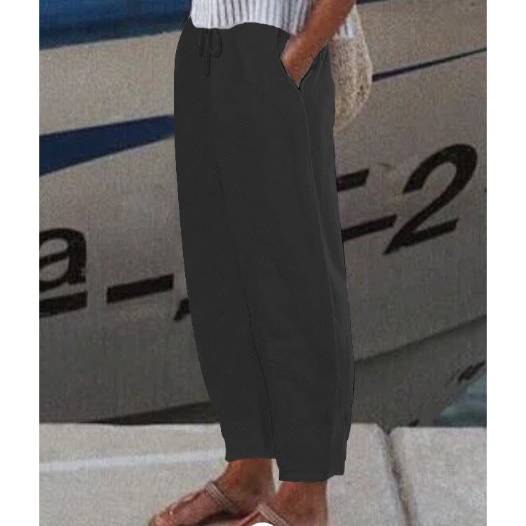 Women's Ankle Harem Pants with drawstring, side pockets, and elastic ankle cuff Mune Fashion