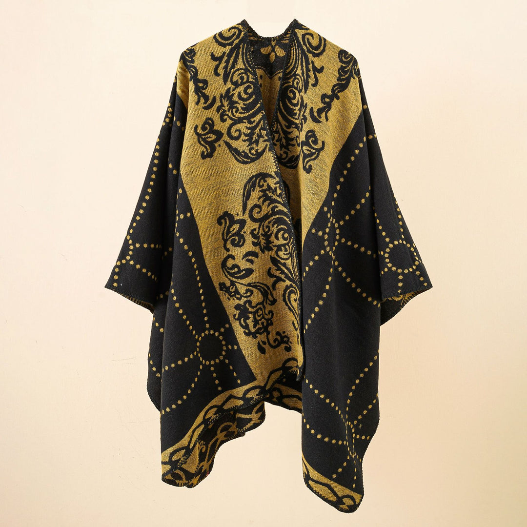 Women's Jacquard Ruana in cape style with contrasting chain hem Mune Fashion
