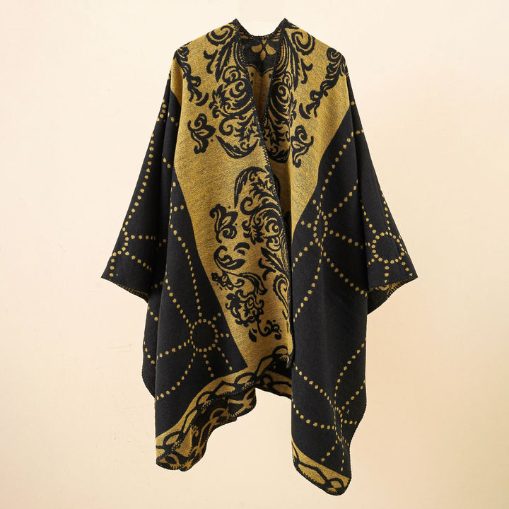 Women's Jacquard Ruana in cape style with contrasting chain hem Mune Fashion