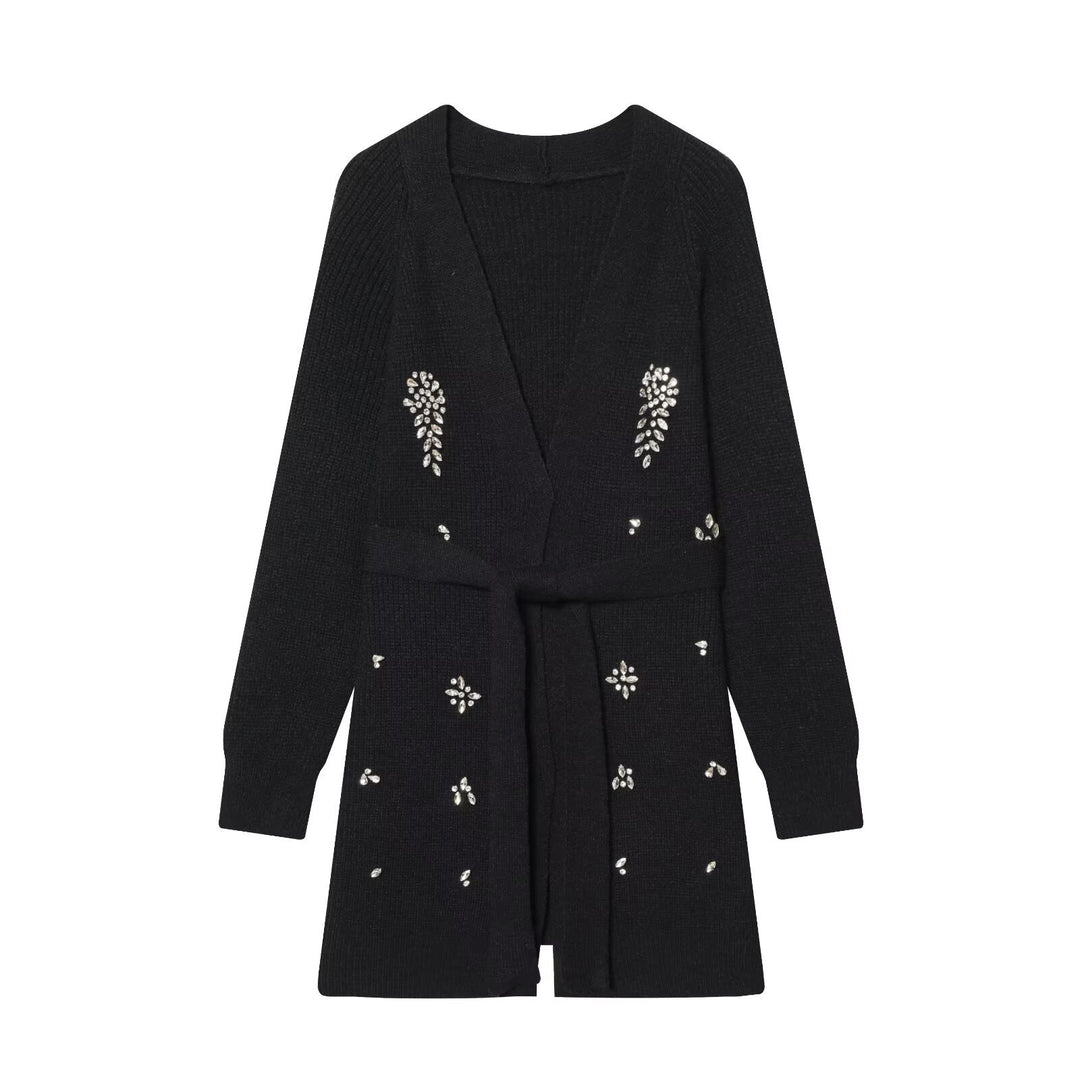 Women's Long Cardigan with Tie Belt and Gemstone Application Mune Fashion