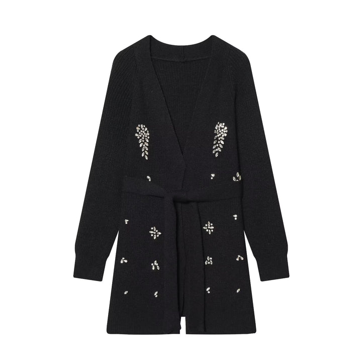 Women's Long Cardigan with Tie Belt and Gemstone Application Mune Fashion