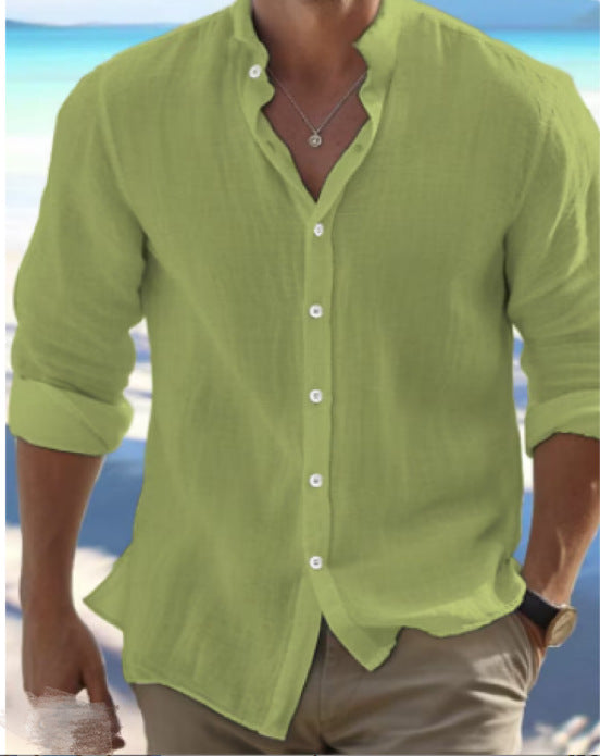 Men's light linen blouse shirt with stand-up collar, straight cut and continuous button placket Mune Fashion
