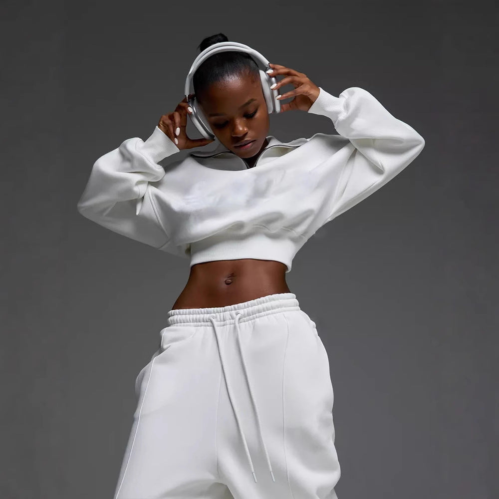 Women's short Half-Zip sweatshirt set with high-waisted wide lounge jogging pants Mune Fashion