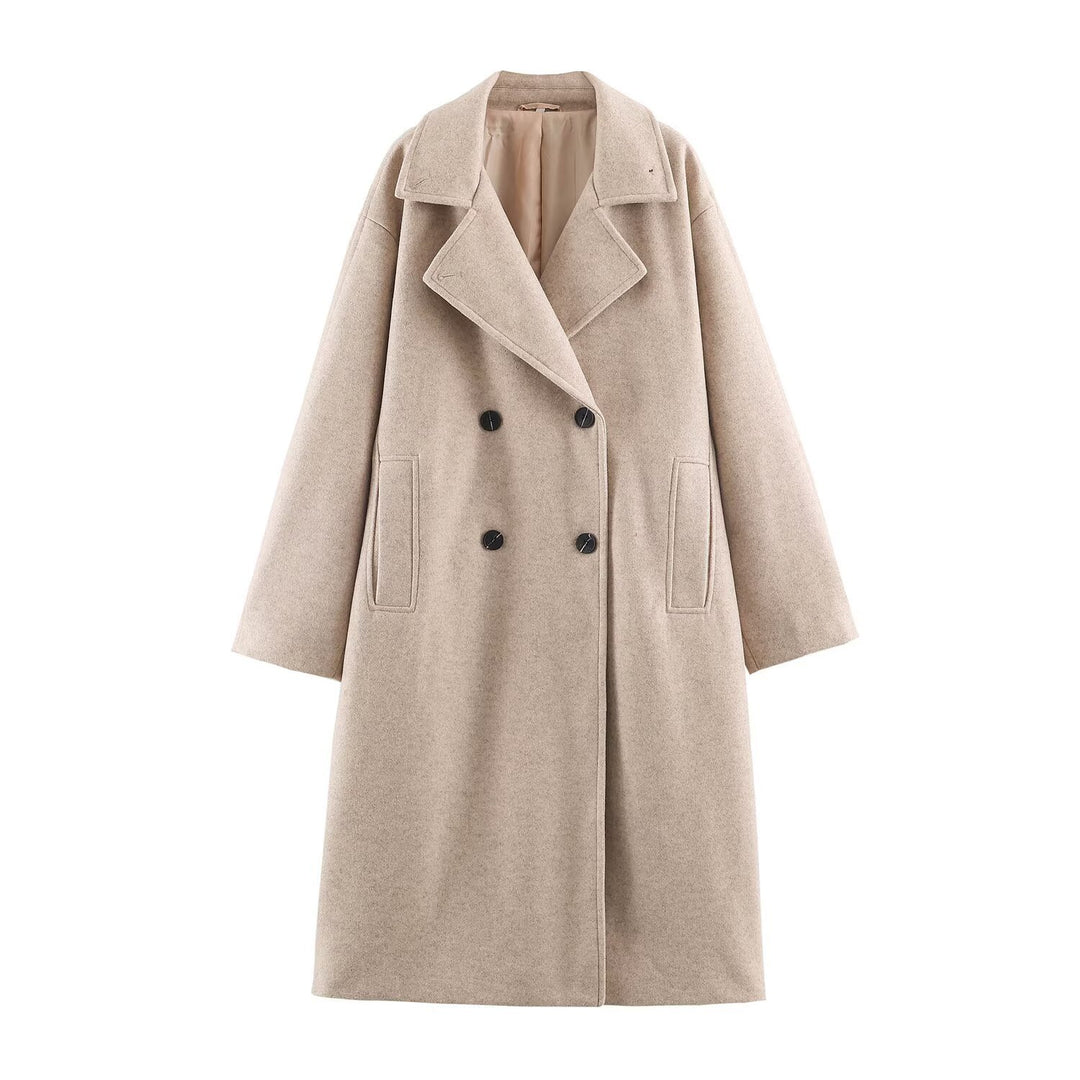 Women Mid-Length Wool Blend Double-Breasted Coat with Wide Lapels and Side Pockets Mune Fashion