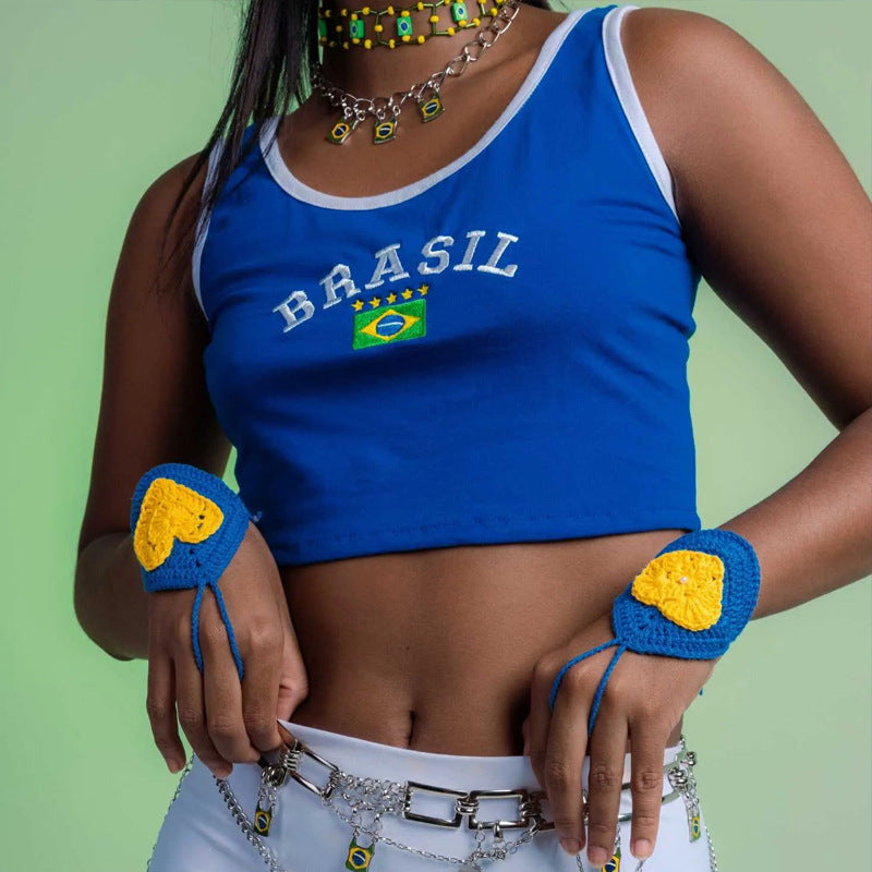 Women's short cotton crop shirt with round neck and Brazil print Mune Fashion
