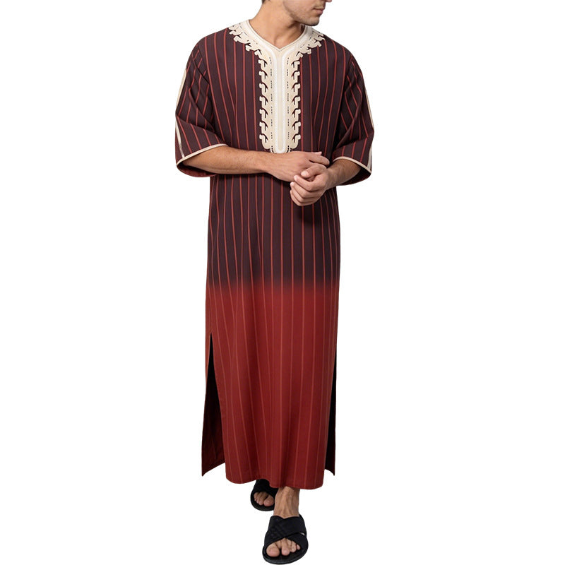 Men's striped Djellaba with decorative chest embroidery and side slit Mune Fashion