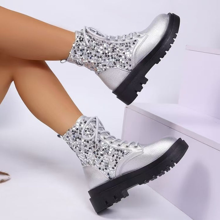 Women's glittering lace-up biker boots with a robust profiled sole and metallic grained surface Mune Fashion