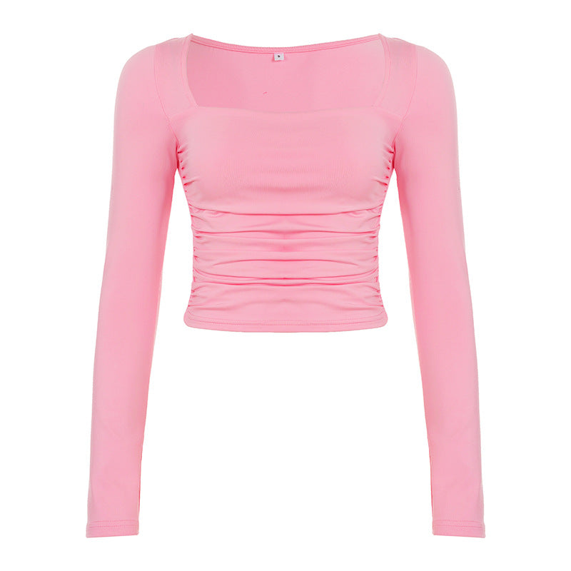Women Tailored Long-Sleeved Crop Top with Square Neckline and Ruching Mune Fashion