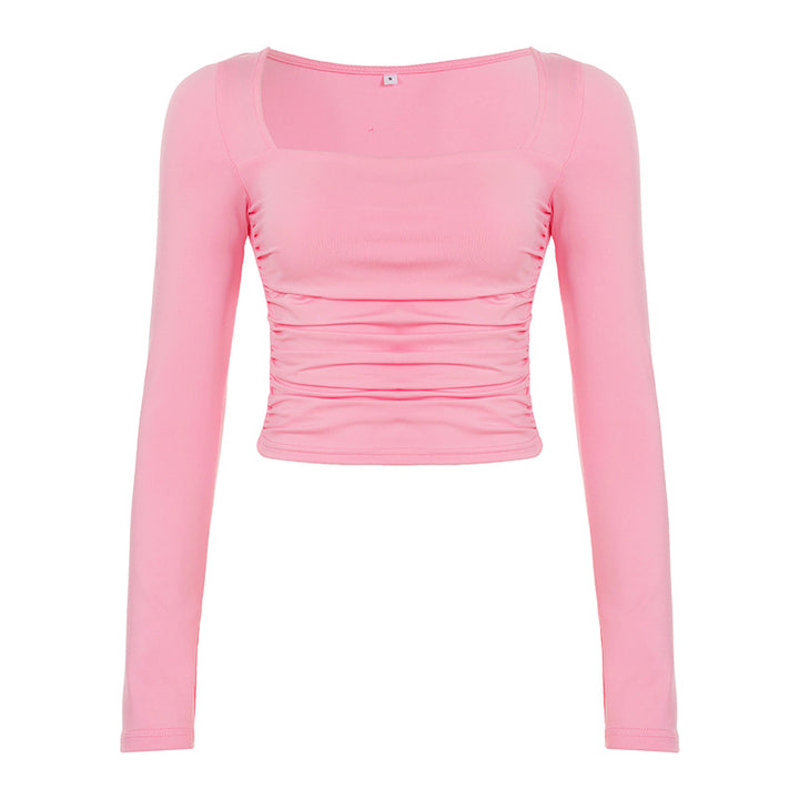 Women Tailored Long-Sleeved Crop Top with Square Neckline and Ruching Mune Fashion
