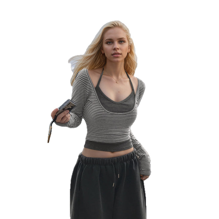 Women's gathered layering cropped top with integrated bustier and fine stripe knit Mune Fashion