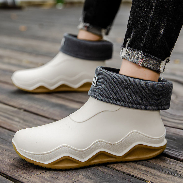 Women's Waterproof Slip-On Ankle Rubber Boot with Rolled Knit Collar Mune Fashion