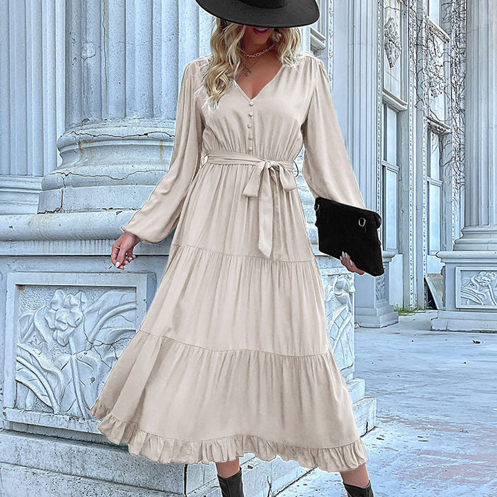 Women's Long Satin Look Tiered Dress with V-Neck, Tied Belt and Ruffle Hem