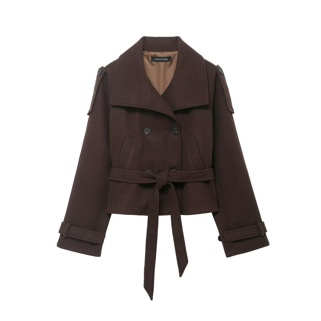 Women's Cropped Wool Blend Short Coat with High Stand-up Collar, Epaulettes, and Waist Belt Mune Fashion