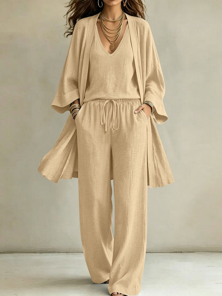 Women Casual Lounge Set with Kimono Cardigan, V-Neck Shirt and Wide Cord Pants Drune