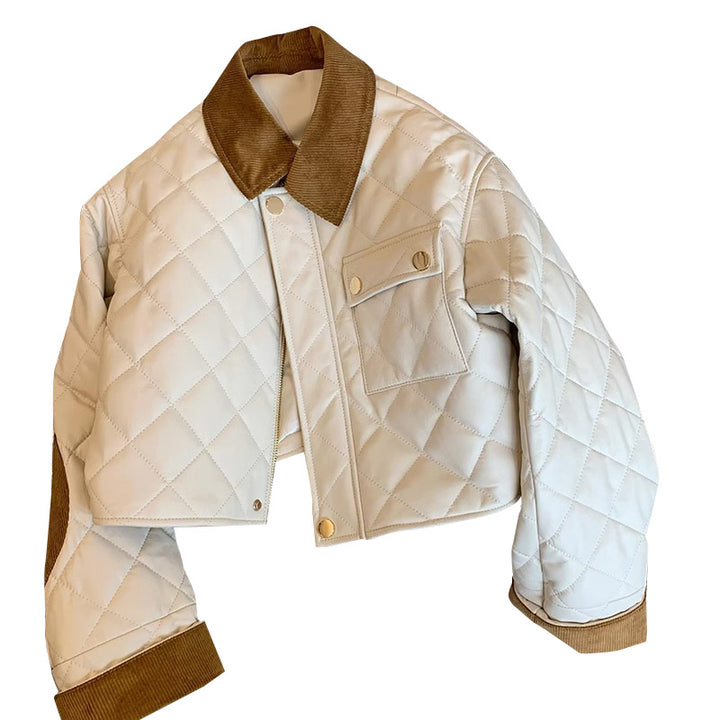 Women's quilted short bomber jacket with cord collar, snap button closure, and flap pockets