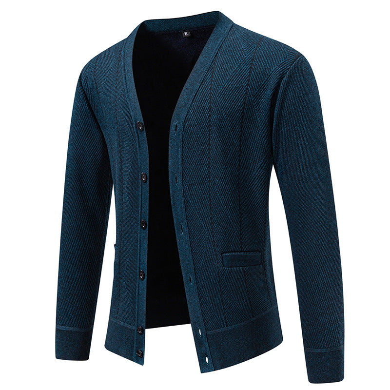 Men's Structured Fine Knit Cardigan with Chevron Pattern, V-Neck and Insert Pockets Mune Fashion