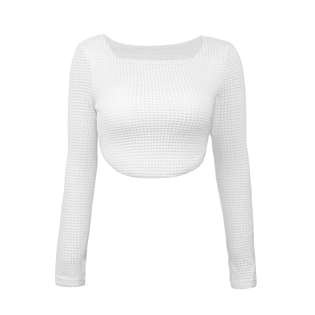 Women's Fitted Cropped Waffle Knit Top with Boat Neck Mune Fashion