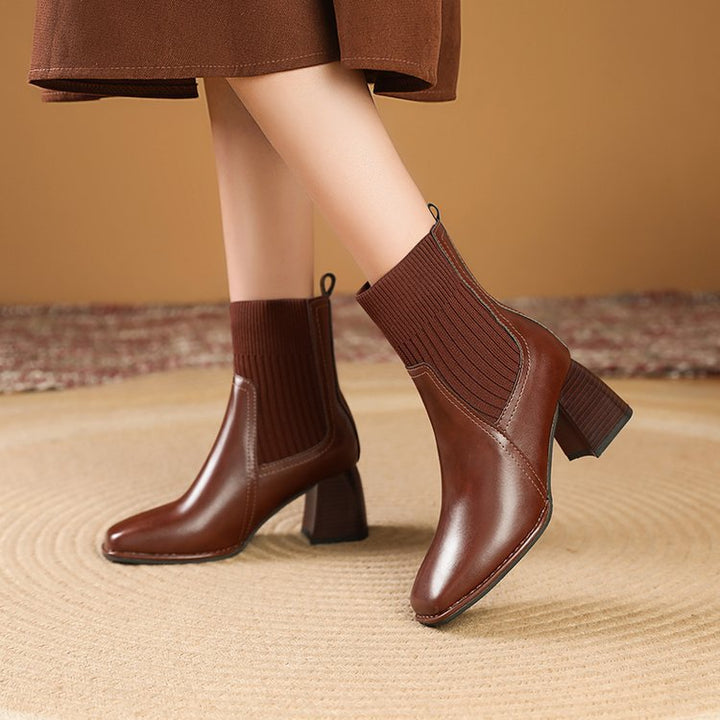 Women Elegant Chunky Ankle Boots with Knit Insert Mune Fashion
