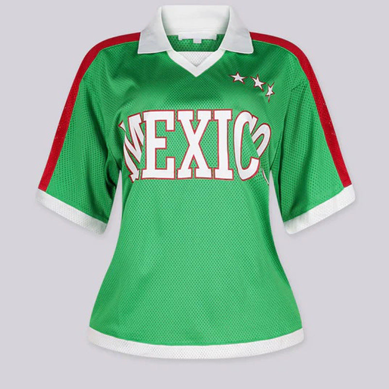 Ladies retro sporty soccer jersey with V-neck and breathable mesh Mune Fashion