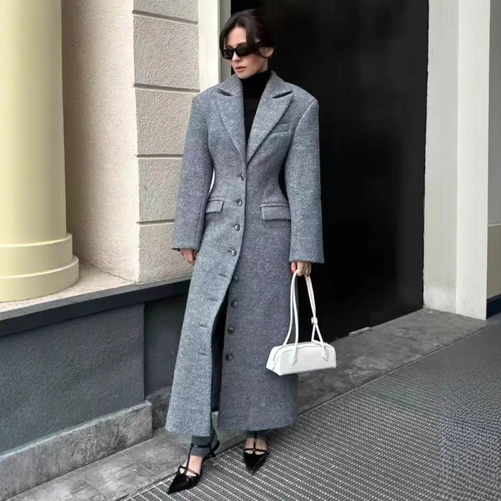 Ladies Longline Wool Blend Coat with Shawl Collar and Flap Pockets Mune Fashion