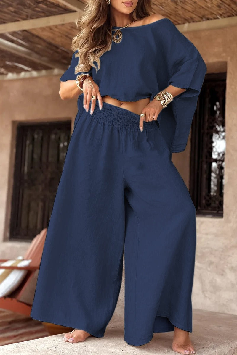 Women's Lightweight Linen Two-Piece with Cropped Oversized Top and Smocked Waist Palazzo Pants Mune Fashion