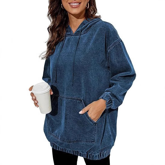 Women's Oversized Hoodie in Denim Look with Kangaroo Pocket Mune Fashion