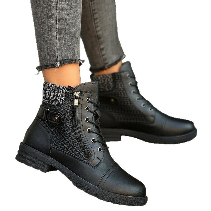 Women's ankle-high lace-up ankle boots with knitted shaft, side zipper, and molded rubber sole Mune Fashion
