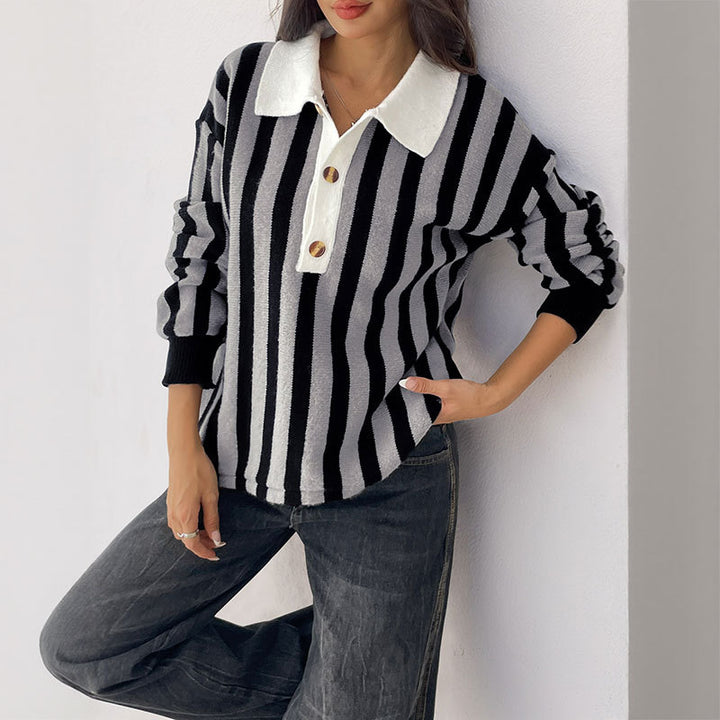 Women Casual Striped Knit Polo Collar Sweater with Contrasted Button Placket Mune Fashion