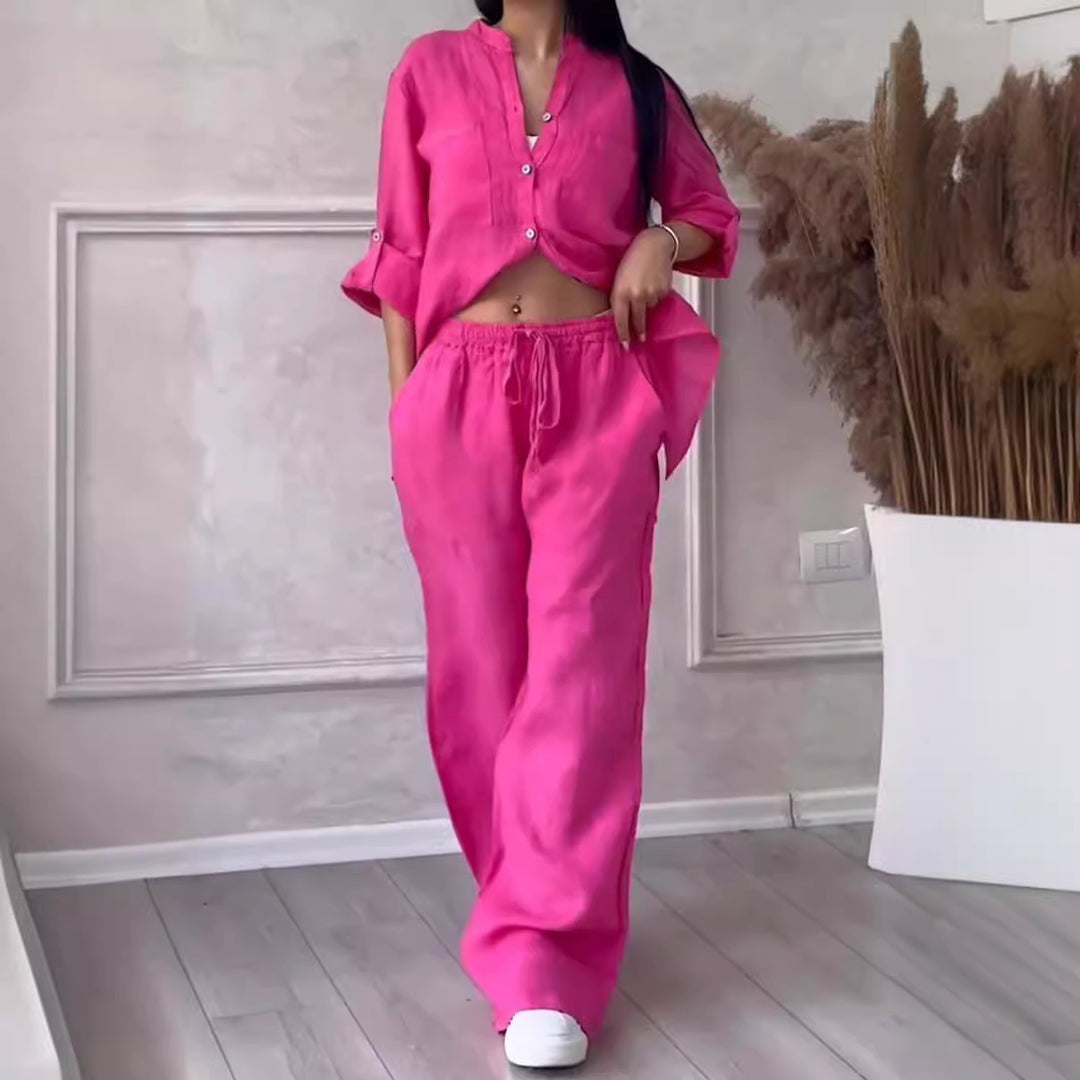 Women's casual linen two-piece set with loose shirt blouse, patch breast pockets, and elastic drawstring waistband Mune Fashion