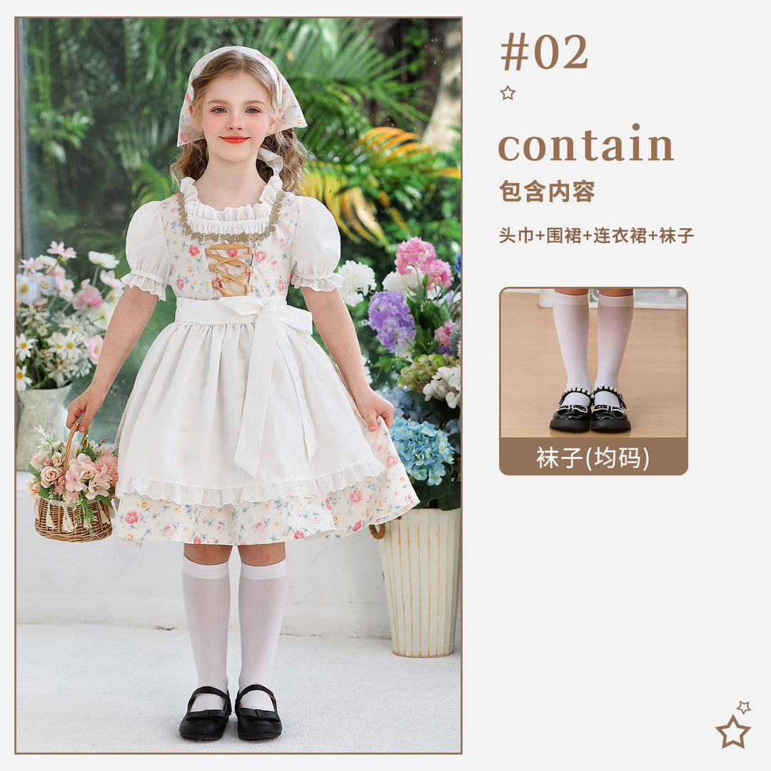 Ladies' traditional Dirndl dress for girls with embroidered apron, ruffle collar, and matching headscarf Mune Fashion