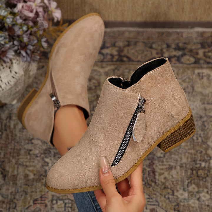 Women's Modern Ankle Boot with Visible Metal Zipper and Low Wood-Look Block Heel Mune Fashion