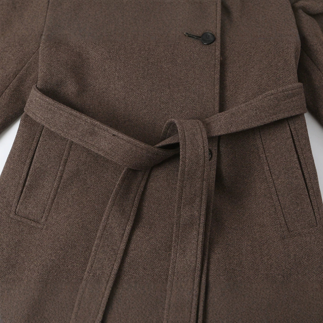 Women's wool coat with stand-up collar, tie belt and asymmetric button placket Mune Fashion