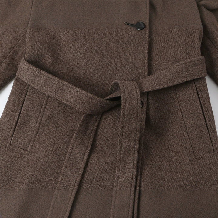 Women's wool coat with stand-up collar, tie belt and asymmetric button placket Mune Fashion