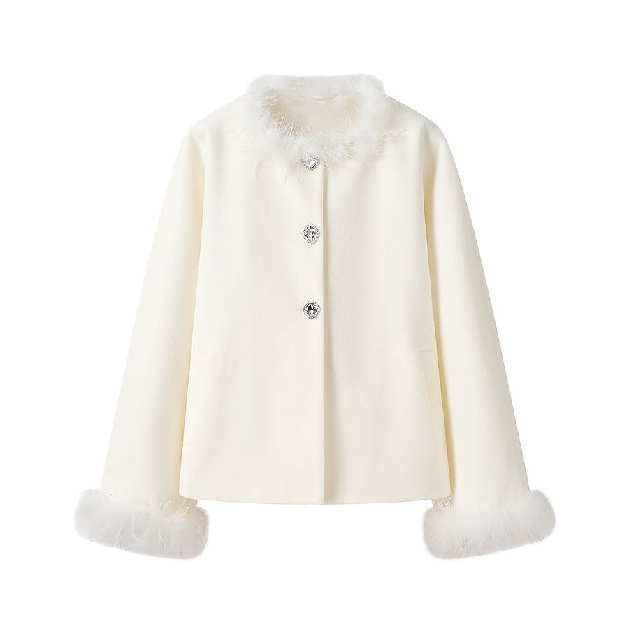 Women Elegant Short Coat with Faux Feather Trim and Decorative Buttons Mune Fashion