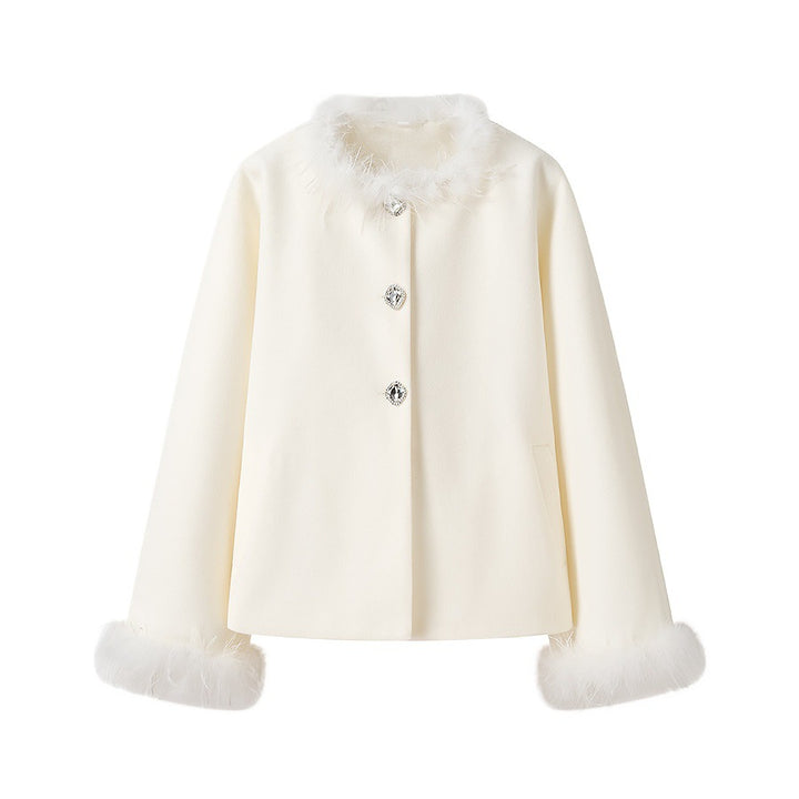 Women Elegant Short Coat with Faux Feather Trim and Decorative Buttons Mune Fashion
