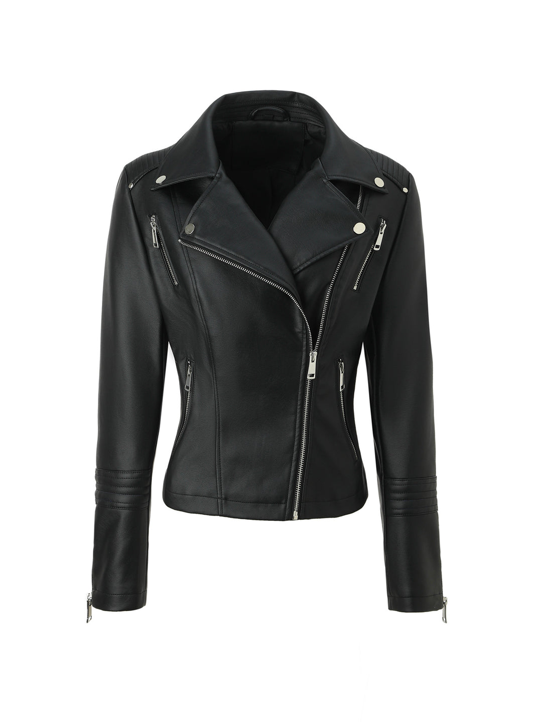 Women's Fitted Biker Jacket made of soft faux leather with quilted shoulder and sleeve section Mune Fashion