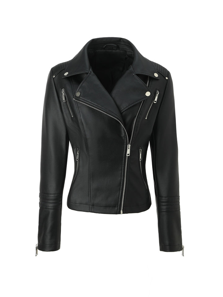 Women's Fitted Biker Jacket made of soft faux leather with quilted shoulder and sleeve section Mune Fashion