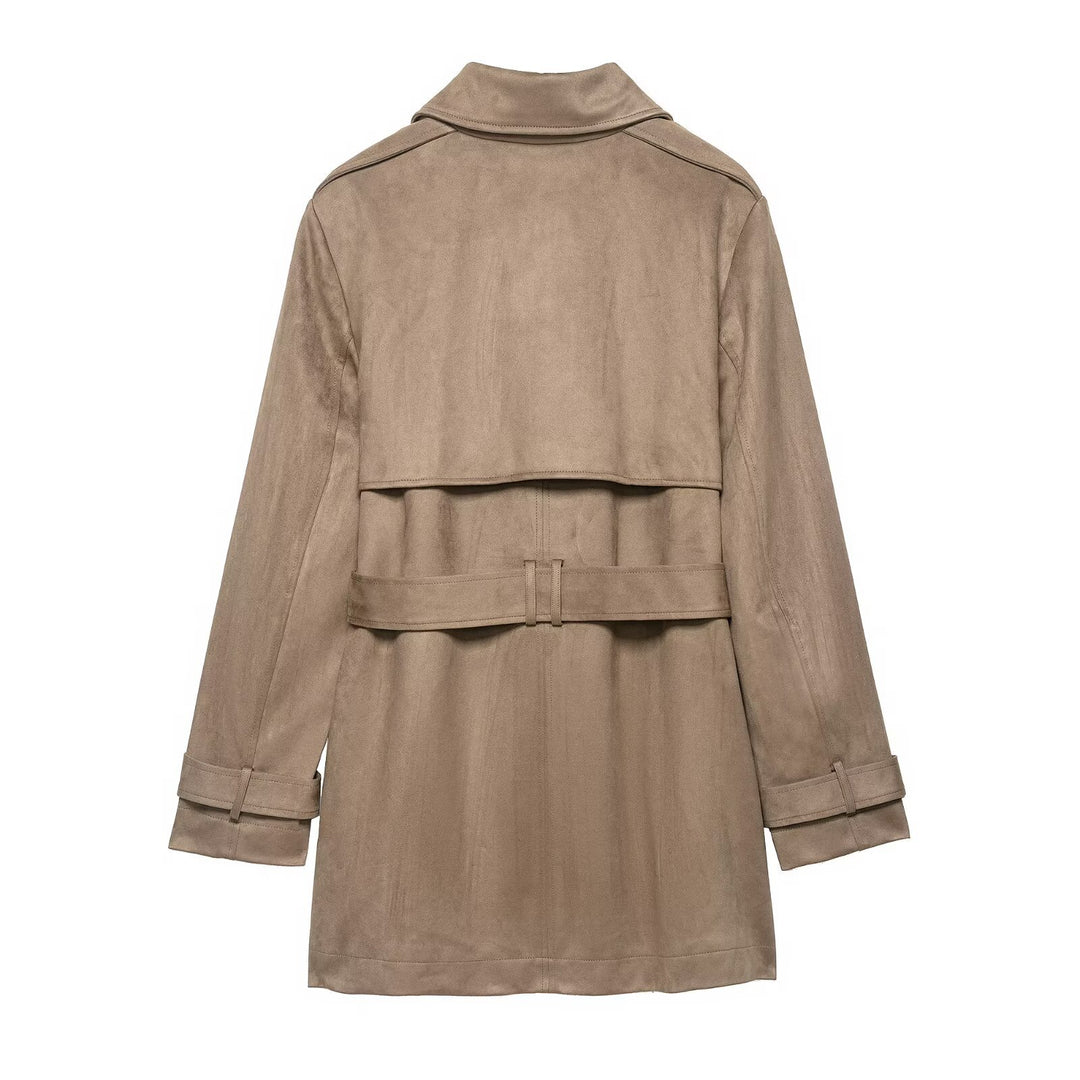 Women's Double Breasted Suede Effect Trench Coat with Waist Belt Mune Fashion