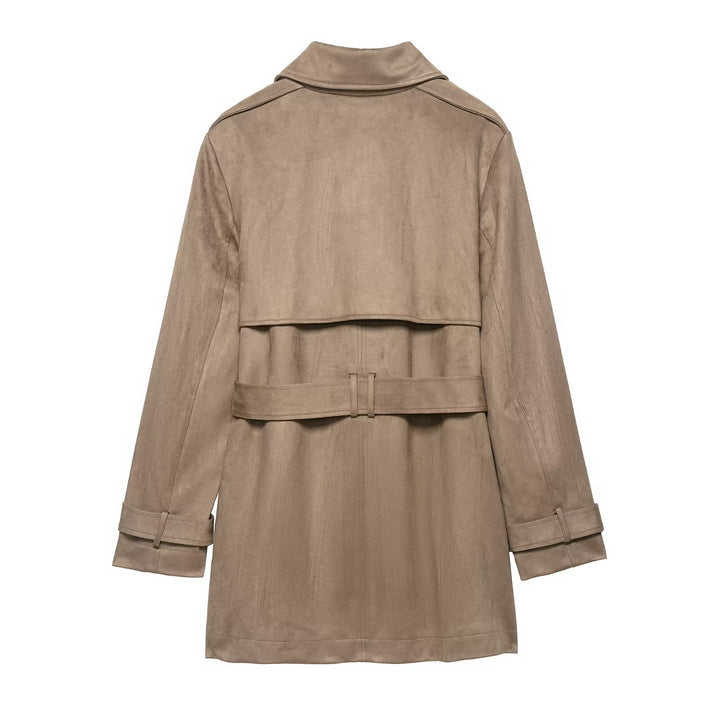 Women's Double Breasted Suede Effect Trench Coat with Waist Belt Mune Fashion
