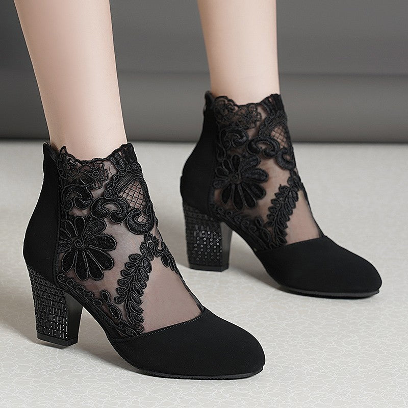 Women's elegant lace ankle boots with floral mesh insert, zipper, and decorative block heel Mune Fashion